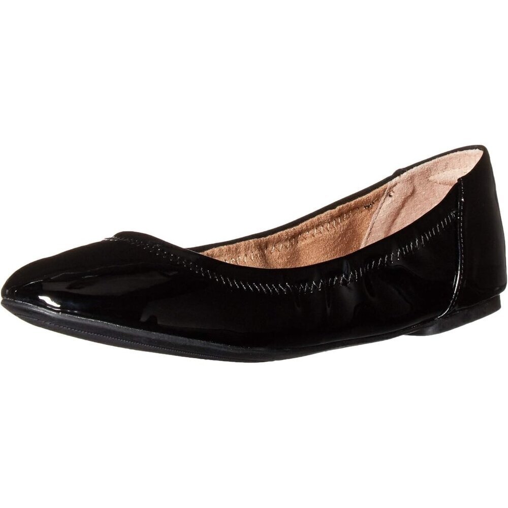 Womens Black Patent Closed Rounded Toe Slip On Low Wedge Heel Ballet Flat Shoes